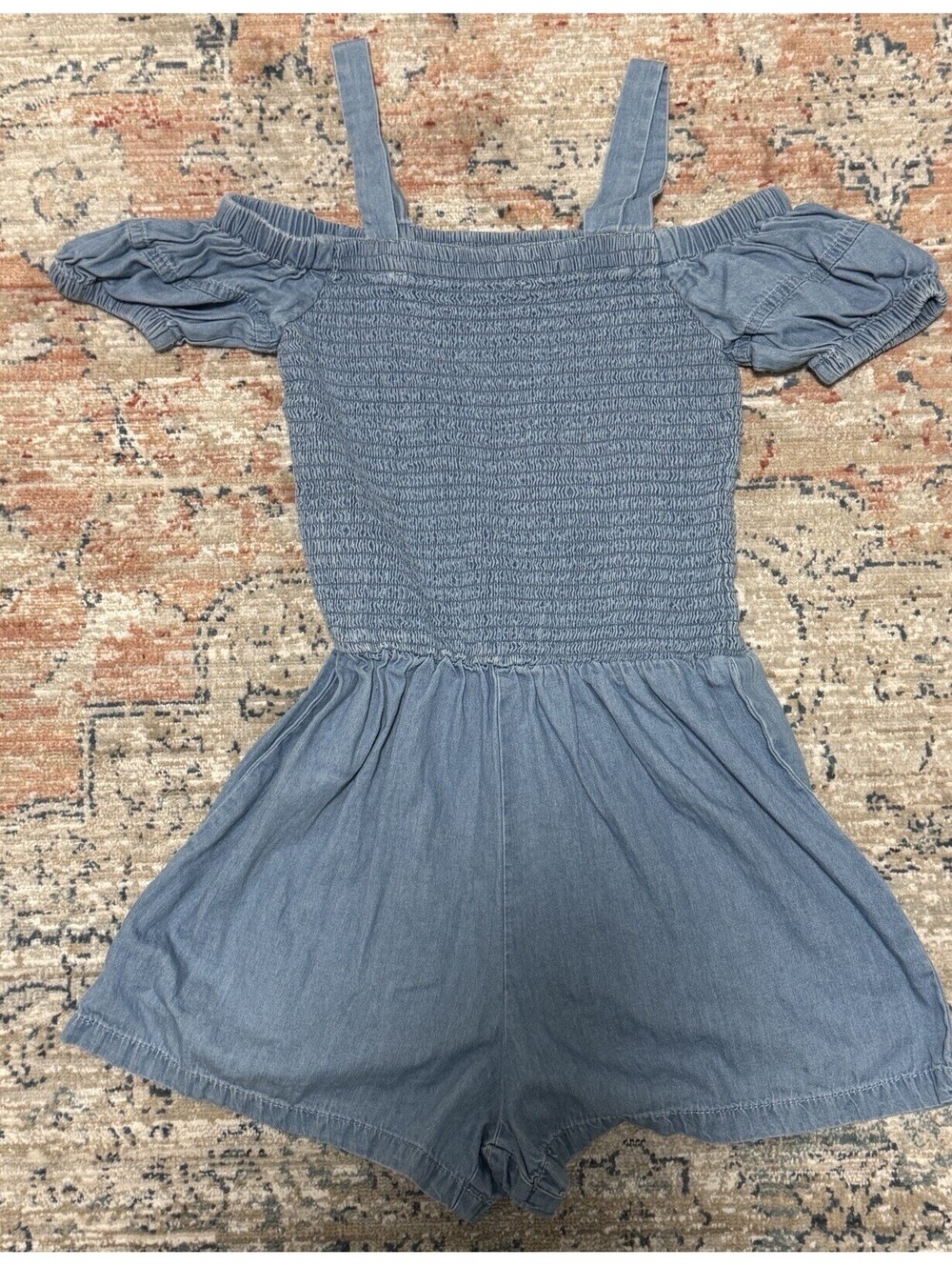 BeBe Girls Denim Chambray Romper Jumper Youth Sz 14 Stretch Top Ruffles Shorts